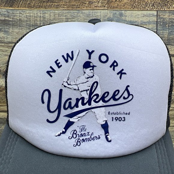 New York Yankees Bronx Bombers Mens Trucker Hat Grey Snapback Baseball Cap - Picture 2 of 7